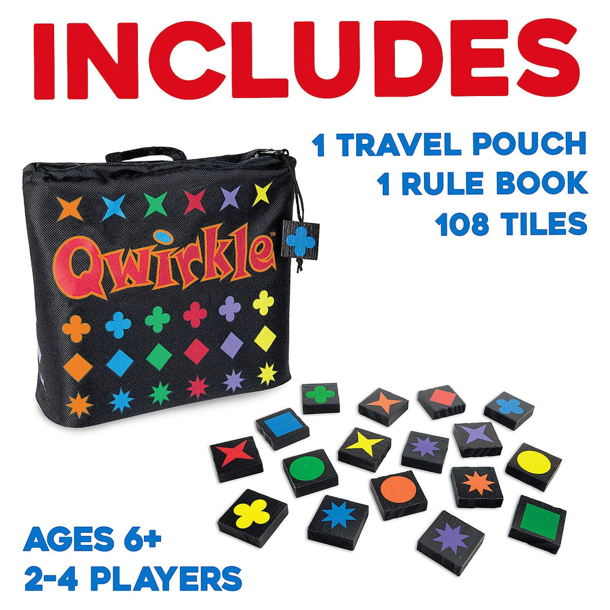 Qwirkle game set with travel pouch, rule book, and tiles on a white background