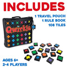 Qwirkle game set with travel pouch, rule book, and tiles on a white background