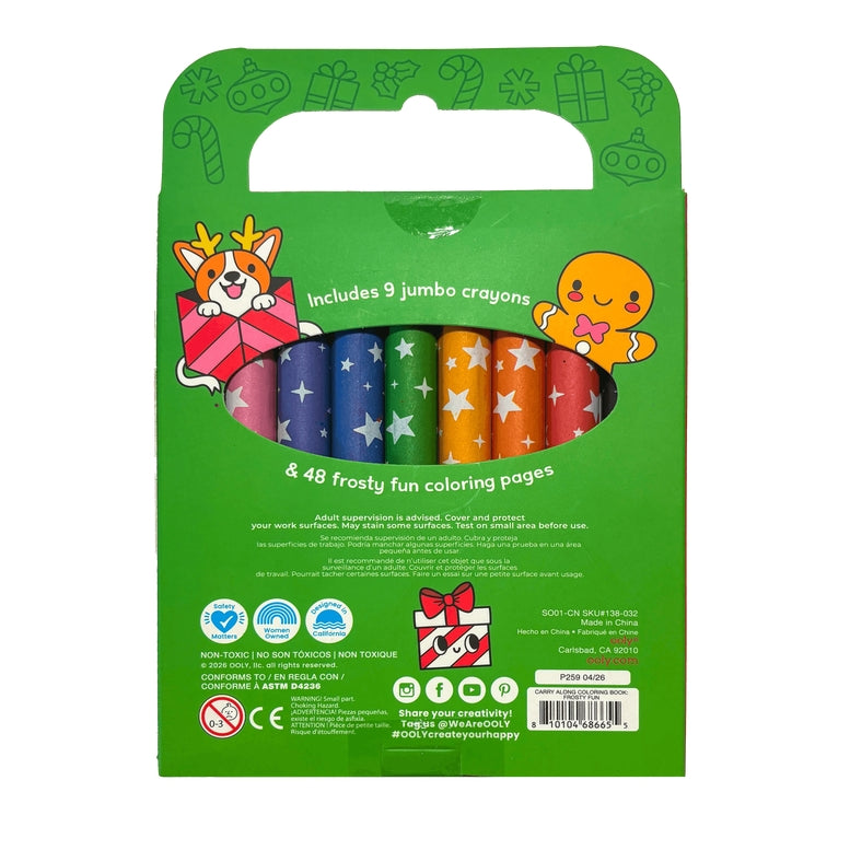 A package of 9 jumbo crayons in a green holiday-themed plastic carrying case with a die-cut handle. The package features cartoon illustrations of a dog in a Santa hat and a gingerbread man, along with text stating 'Includes 9 jumbo crayons' and '& 48 frosty fun coloring pages'.