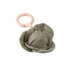 A green crinkly baby handheld rattle shaped like a cabbage with a wooden ring at the top for holding.