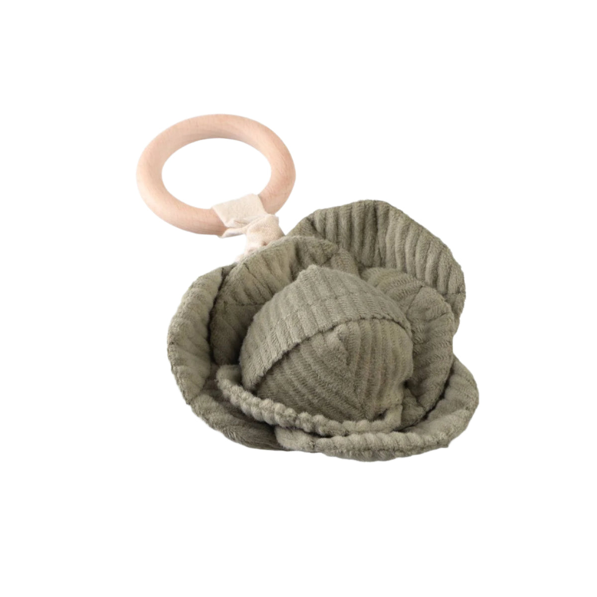 A green crinkly baby handheld rattle shaped like a cabbage with a wooden ring at the top for holding.