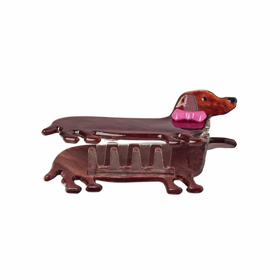 Two dachshund-shaped hair clips on a white background