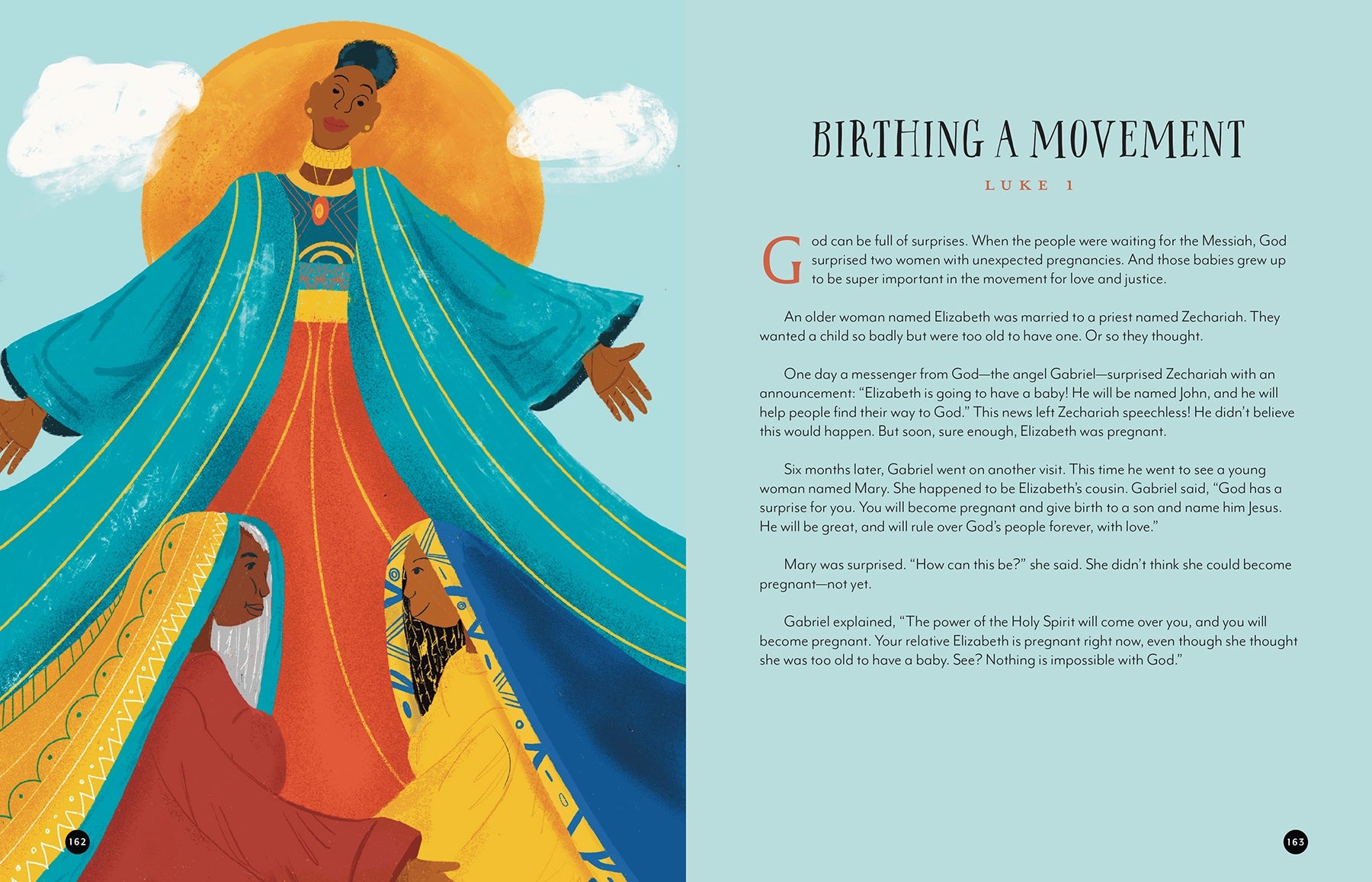 Illustrated book page with a character in a flowing dress against a blue sky, accompanied by text.