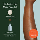 Product advertisement showing a bottle of lotion and a person's arm with text about its effectiveness.
