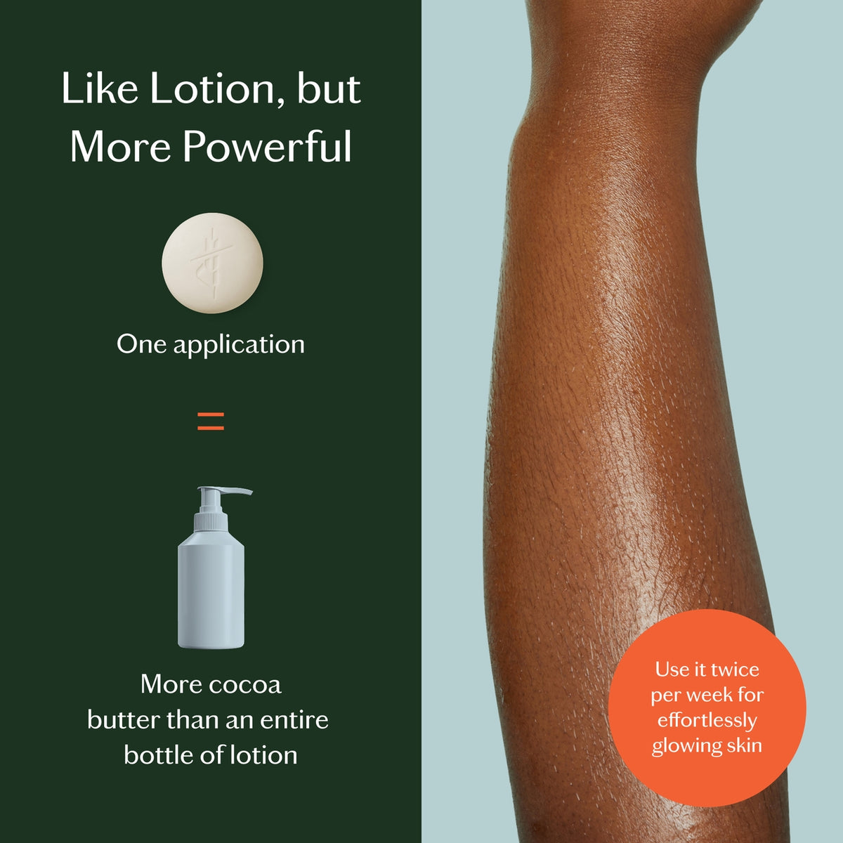 Product advertisement showing a bottle of lotion and a person's arm with text about its effectiveness.