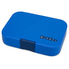 Blue lunch box with 'yumbox' branding on a white background