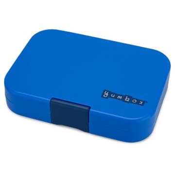 Blue lunch box with 'yumbox' branding on a white background