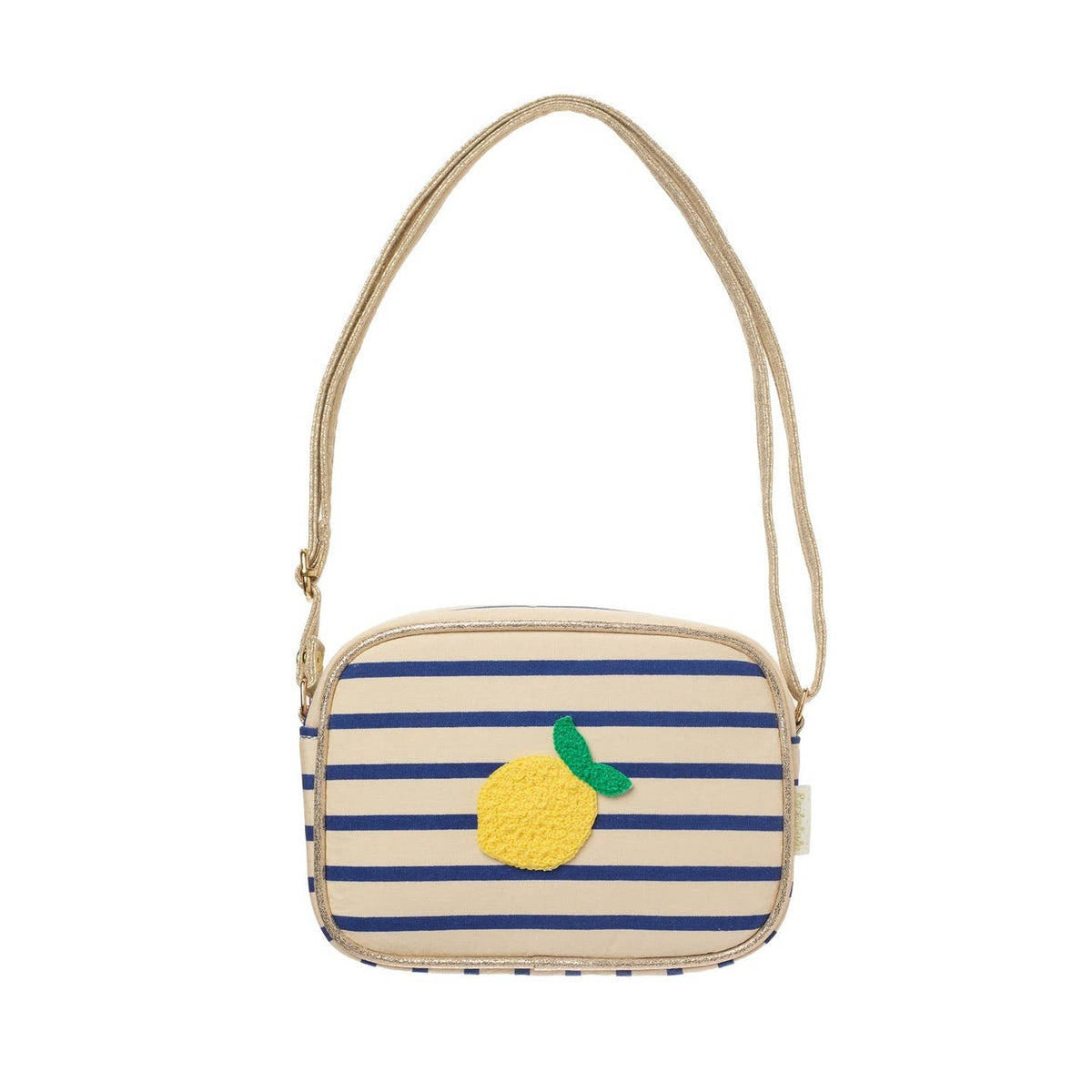 A small crossbody bag with navy blue and cream horizontal stripes, featuring a yellow and green textured lemon applique on the front and a thin beige shoulder strap.