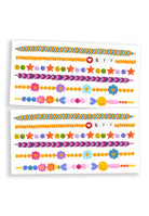 Sheet of colorful decorative stickers with patterns and text on a white background
