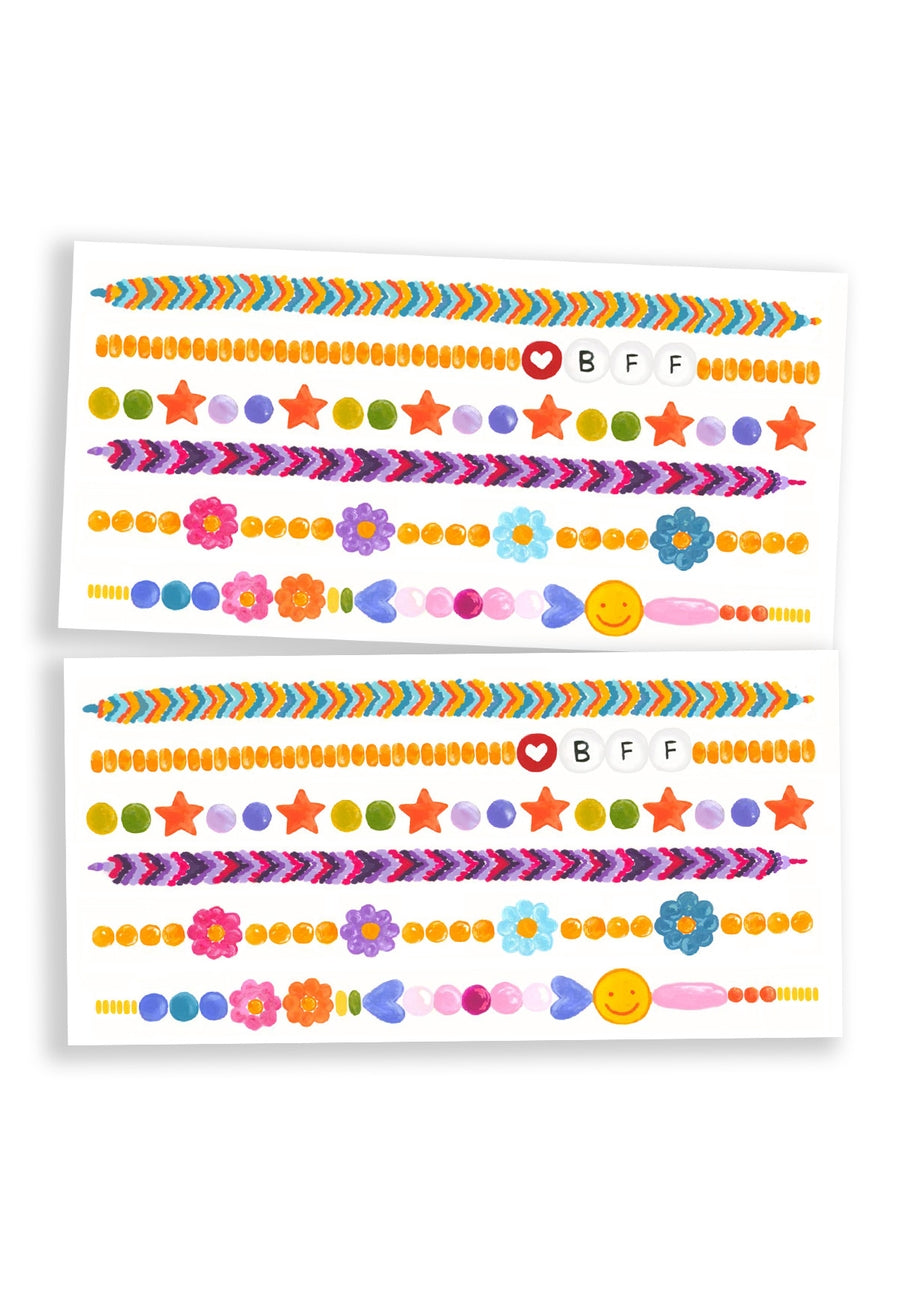 Sheet of colorful decorative stickers with patterns and text on a white background