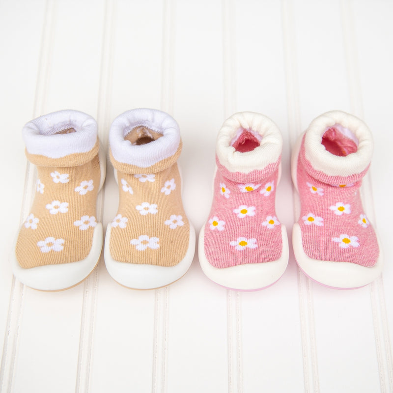 First Walker Baby Sock Shoes - Daisies - Latte by Komuello