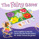 Board game packaging for 'The Fairy Game' with fairies and flowers on a purple background.