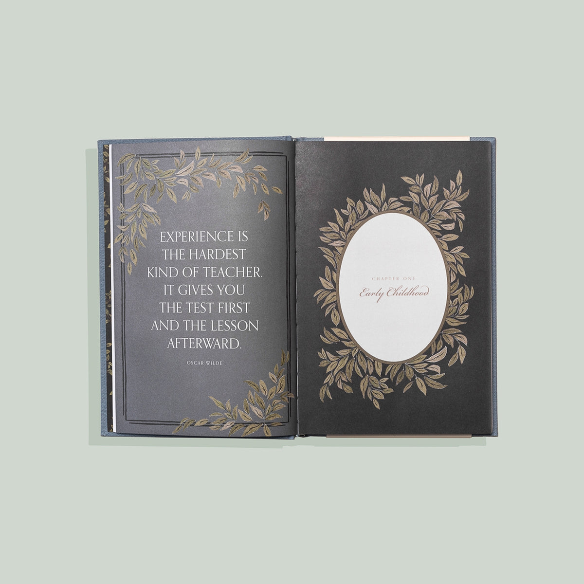 Decorative book with a quote on a light gray background