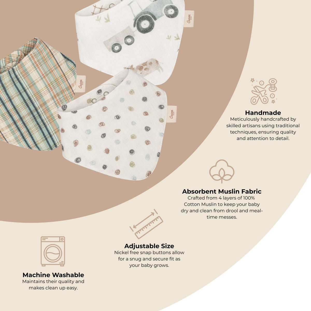 Baby bibs with text describing features on a beige background
