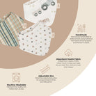 Baby bibs with text describing features on a beige background