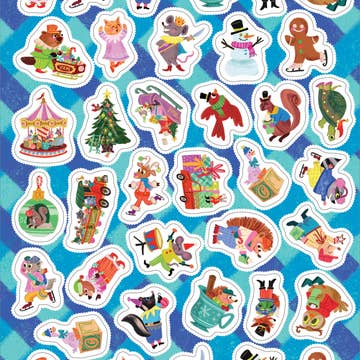 A sheet of colorful cartoon animal stickers arranged on a blue plaid background. The stickers feature whimsical winter and holiday-themed characters and objects, including a snowman, gingerbread man, carousel, Christmas tree, gift boxes, and animals in festive outfits.