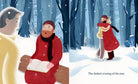 Illustration of people in a snowy forest with one person reading a book.