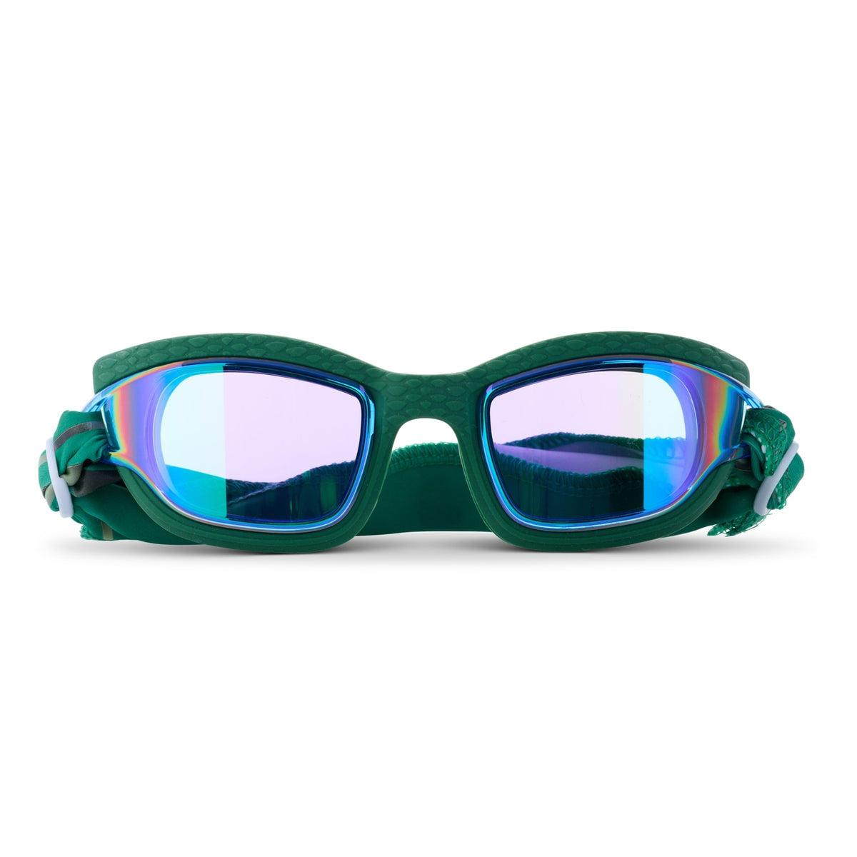Green goggles with reflective lenses on a white background