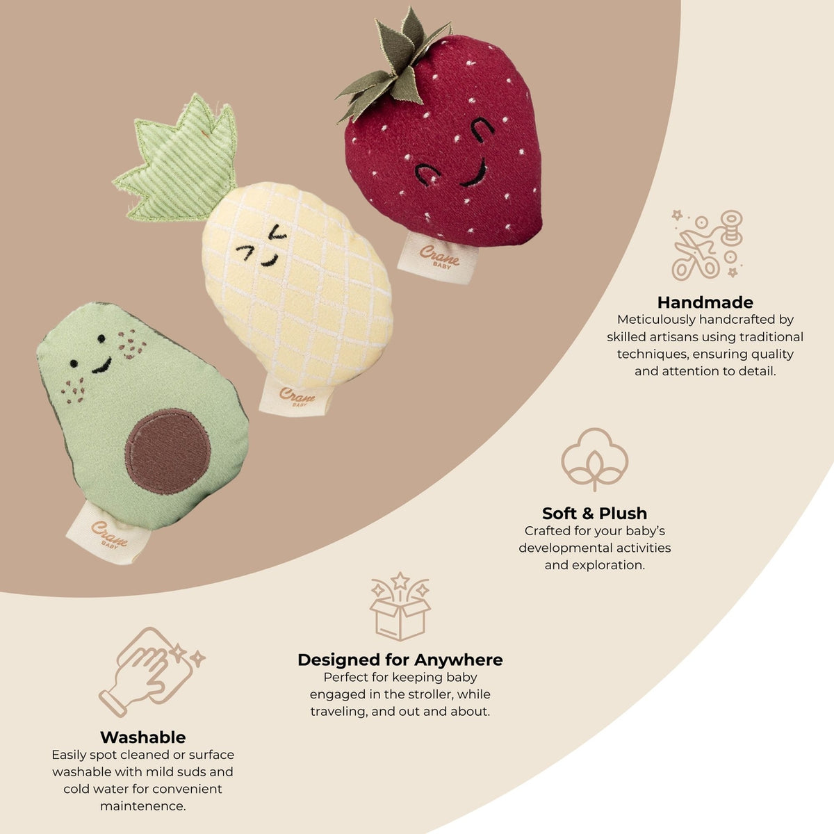 Four plush baby stroller toys shaped like fruit and vegetables are arranged on a beige graphic background with descriptive text and icons. The toys include a strawberry, pineapple, avocado, and leaf shapes, each with embroidered facial features.