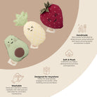 Four plush baby stroller toys shaped like fruit and vegetables are arranged on a beige graphic background with descriptive text and icons. The toys include a strawberry, pineapple, avocado, and leaf shapes, each with embroidered facial features.