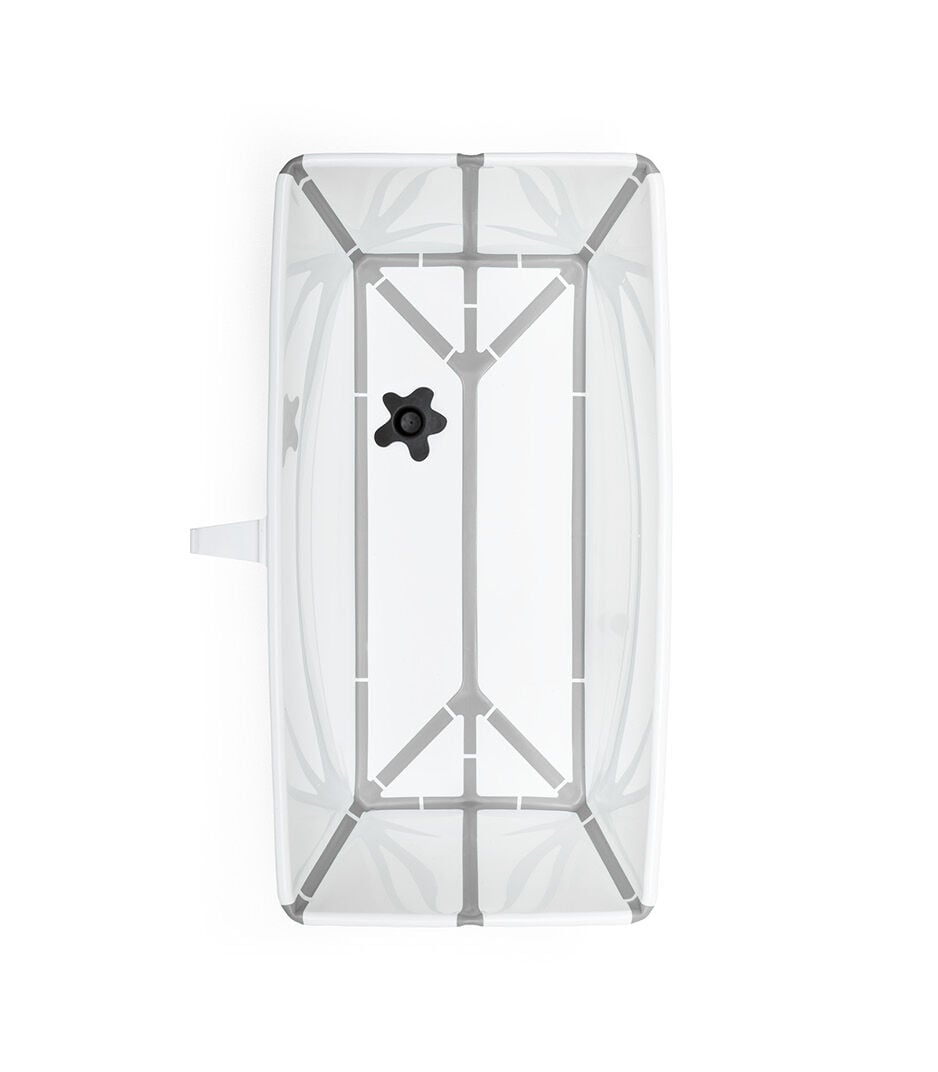A top-down view of a rectangular clear plastic container or tray with gray structural supports and a small black star-shaped piece near the center, shown on a white background.