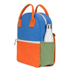 Color-blocked backpack with orange, blue, and green sections on a white background