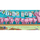Illustration of cartoon pigs in a classroom setting with artwork on a turquoise wall.