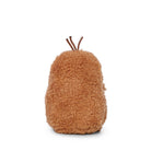 Brown fuzzy toy shaped like a turnip on a white background