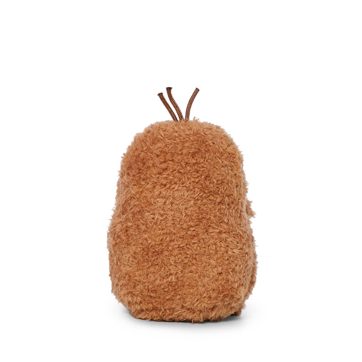 Brown fuzzy toy shaped like a turnip on a white background