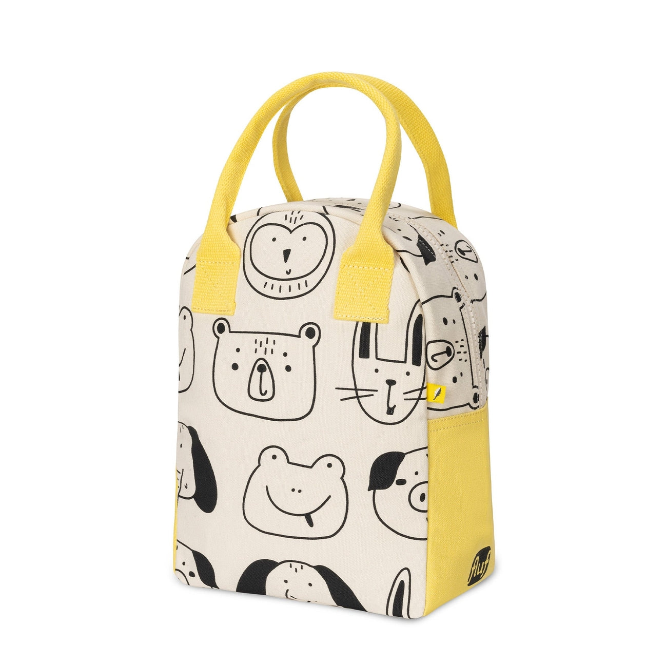 Lunch bag with animal pattern and yellow accents on a white background