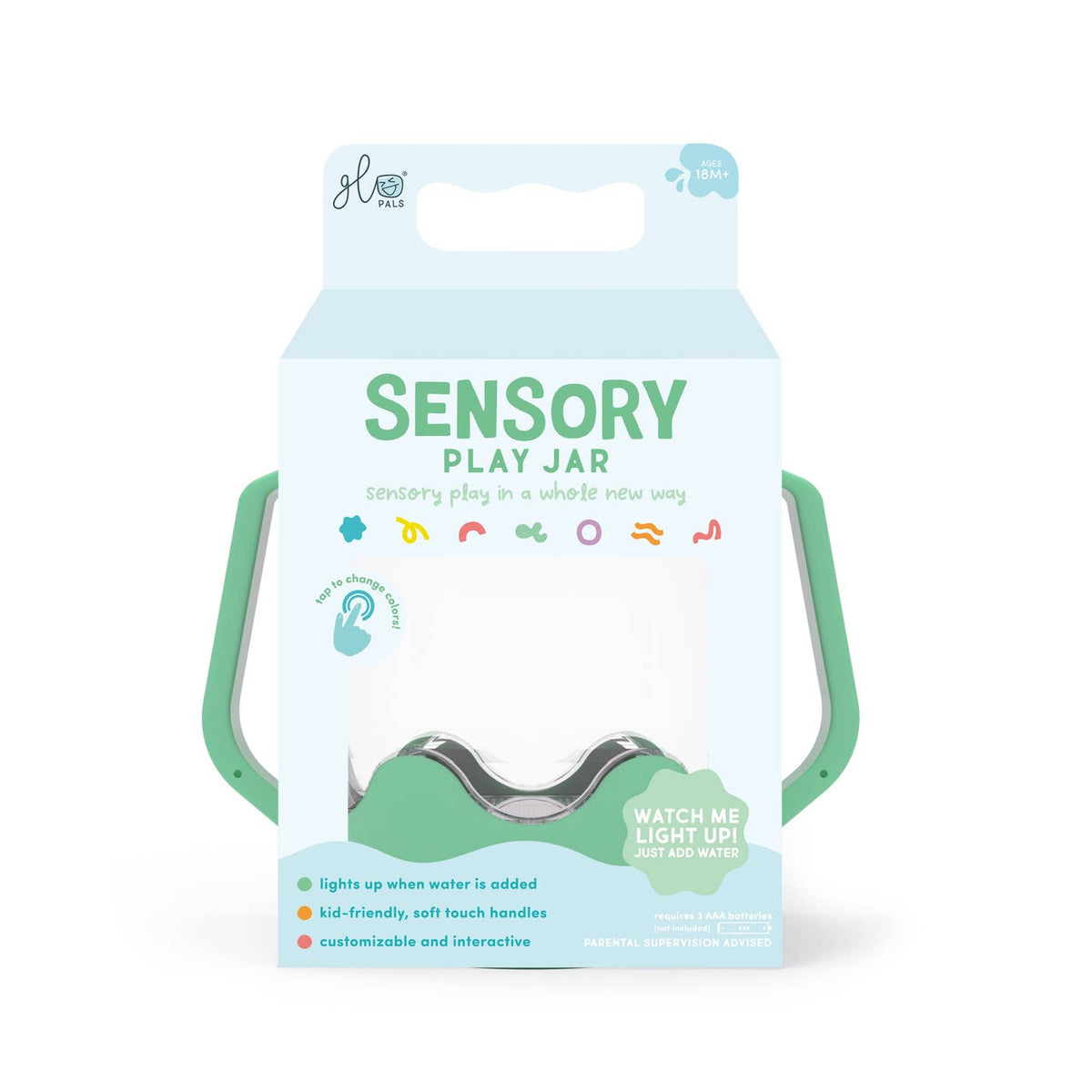 The H2 Play Sensory Play Jar in its original packaging, featuring a mint green jar with a clear lid and a light blue and mint green box.