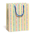 Gift bag with 'Happy Birthday' text in colorful stripes on a white background