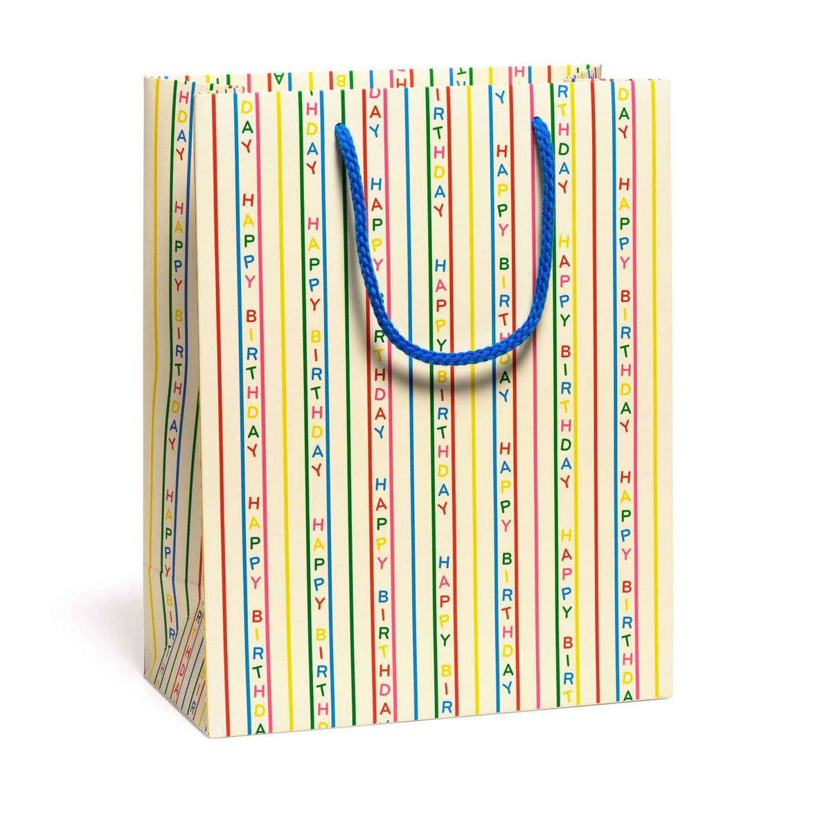 Gift bag with 'Happy Birthday' text in colorful stripes on a white background