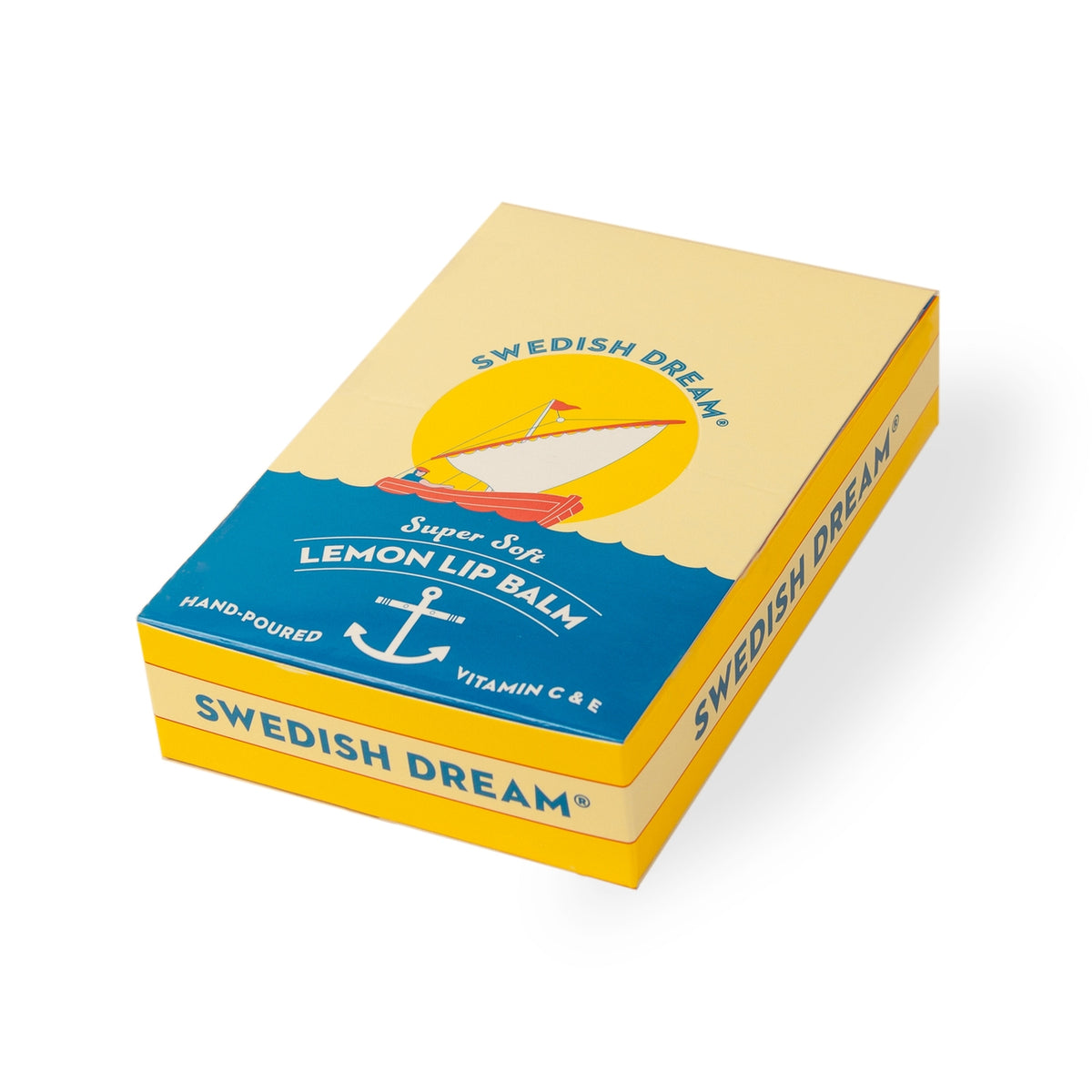Swedish Dream lemon lip balm packaging on a white background