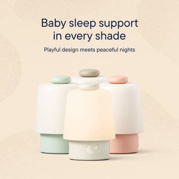 Pastel-colored baby sleep support products on a beige background with text about peaceful nights.