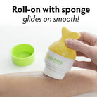 Yellow roll-on with sponge being used on skin, with text 'Roll-on with sponge glides on smooth!'.
