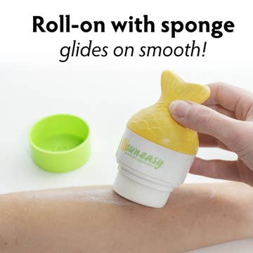 Yellow roll-on with sponge being used on skin, with text 'Roll-on with sponge glides on smooth!'.