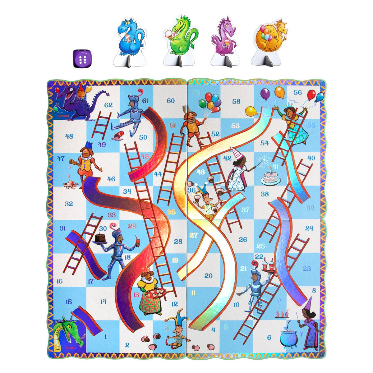 Colorful game mat with cartoon characters and ladders on a white background