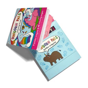 Coloring book and crayon set with unicorn design on a white background