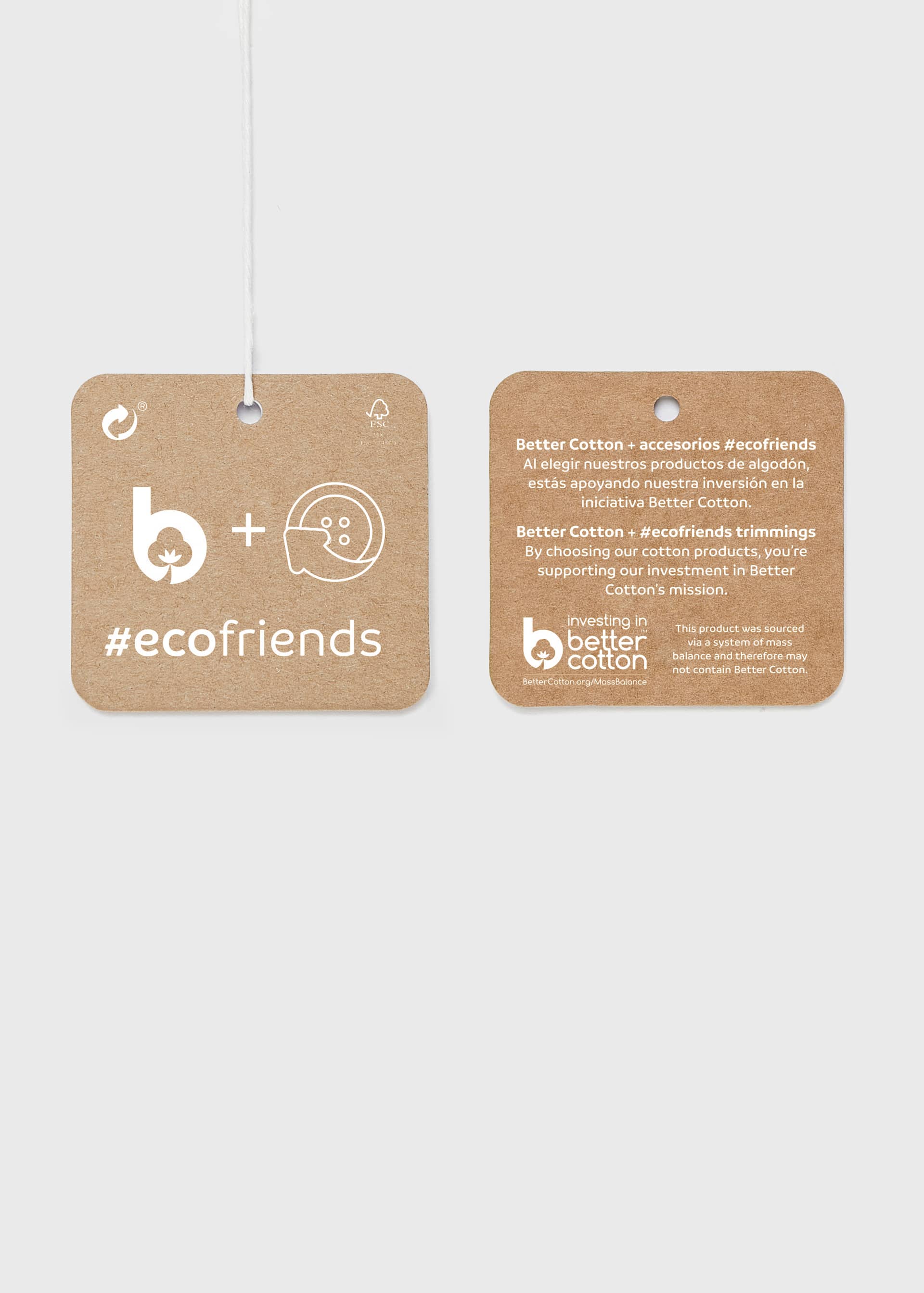 Two cardboard tags with branding and text on a white background