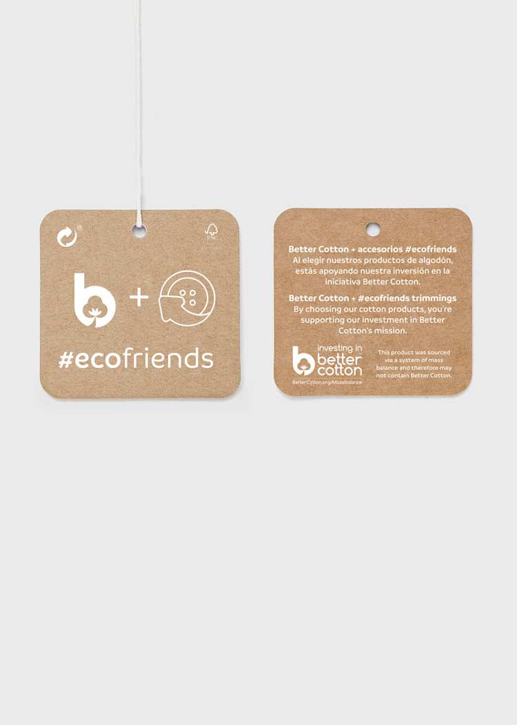 Two cardboard tags with branding and text on a white background
