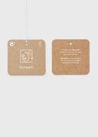 Two square kraft-paper hang tags with rounded corners on a light gray background. The left tag shows a water-saving icon and the brand name 'Ecowash'.
