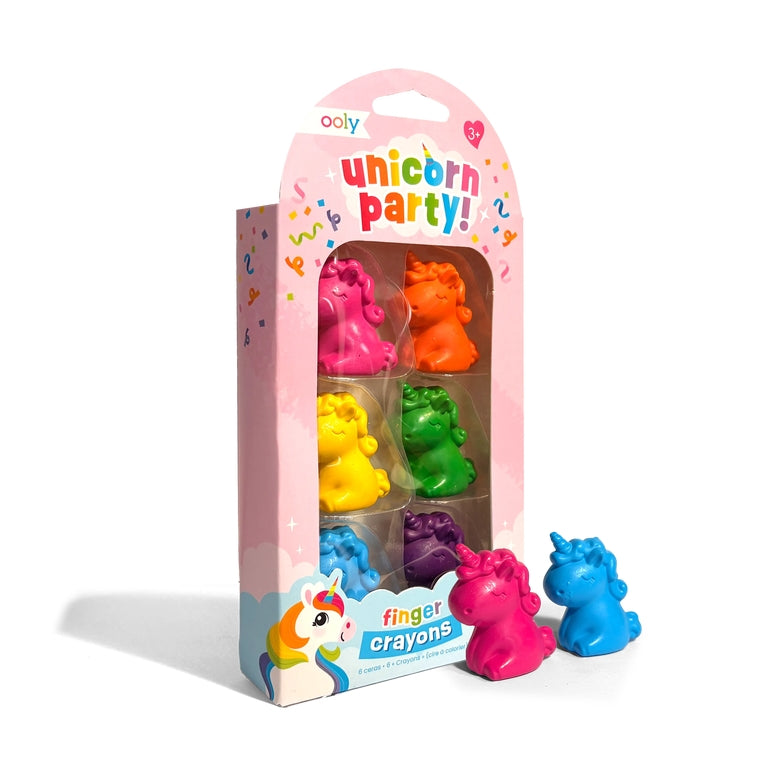 Ooly Unicorn Party finger crayons in a pink retail box with three colorful crayons displayed in front on a white background.
