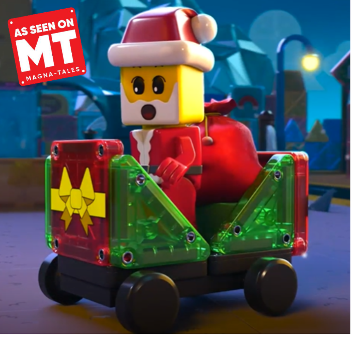 A festive toy sleigh with a Santa-clad minifigure, shown in a nighttime city scene. The sleigh has translucent green side panels, a red front panel with a yellow bow graphic, black wheels, and a red sack on a yellow figure.