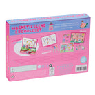 Back of the packaging for the Floss & Rock Magnetic Scene & Doodle Set in the Rainbow Fairy theme, showing product features, illustrations of the contents, and safety labels.