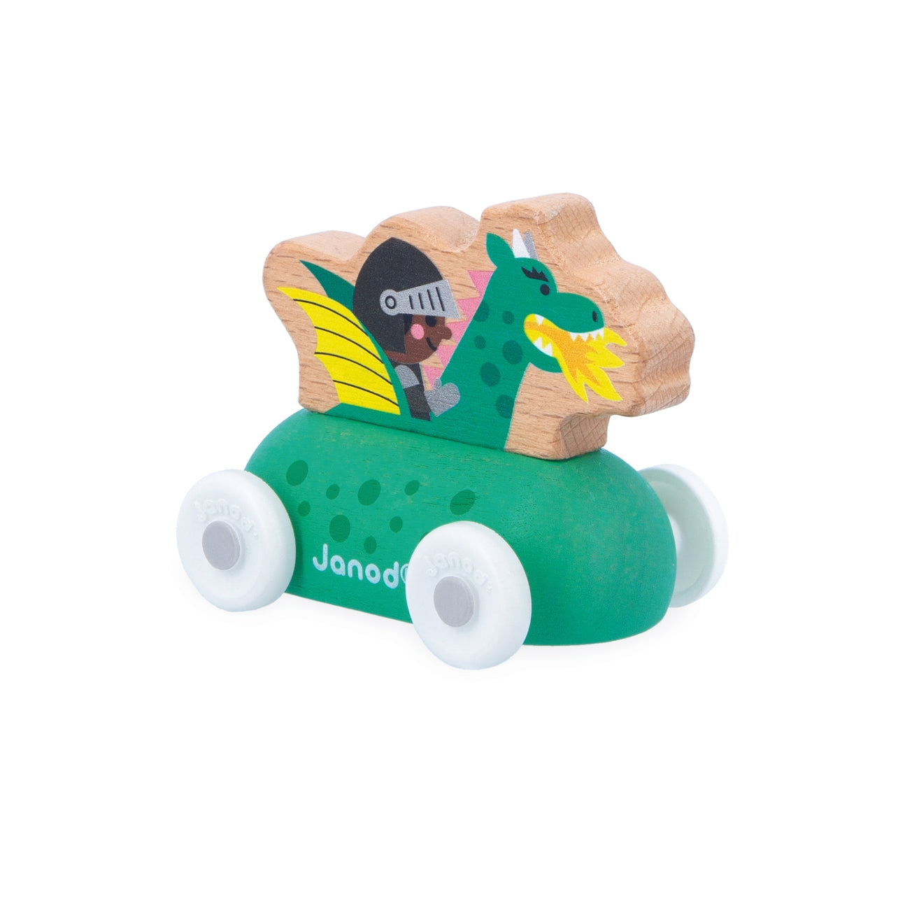 Wooden toy dragon with a knight on a green base, brand 'Janod' visible
