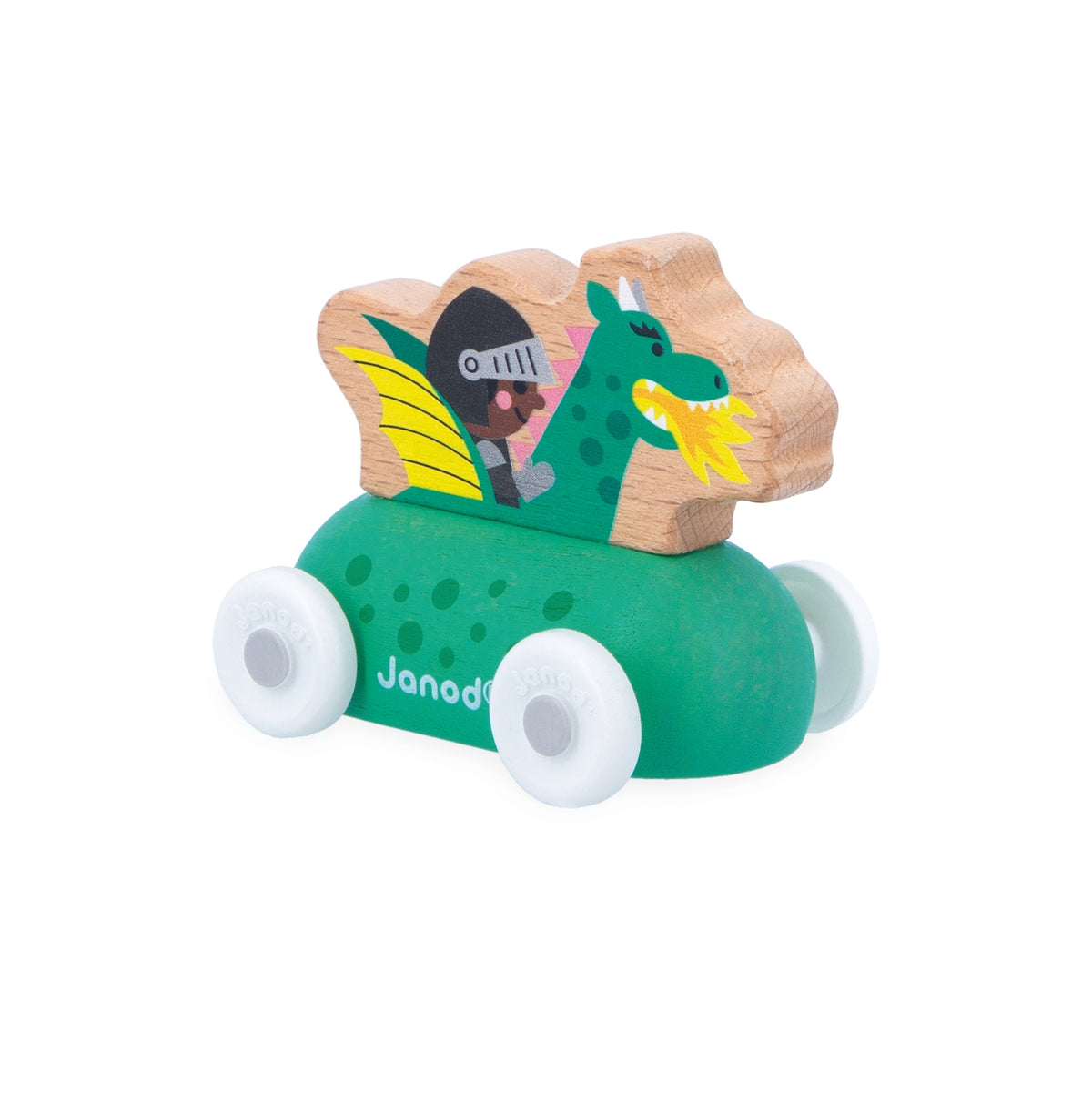 Wooden toy dragon with a knight on a green base, brand 'Janod' visible