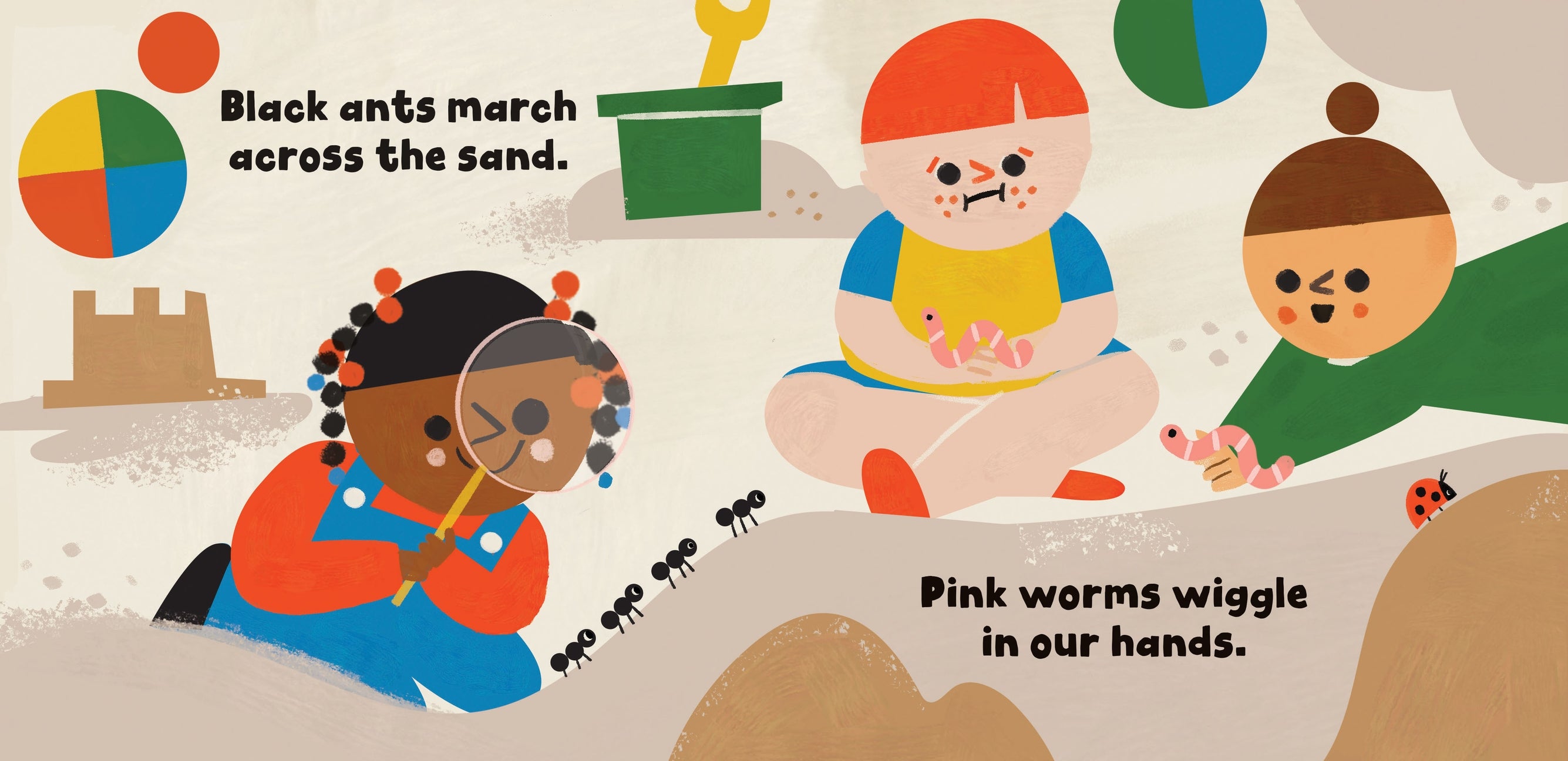 Illustration from a children's book with children playing outdoors and text about black ants and pink worms.