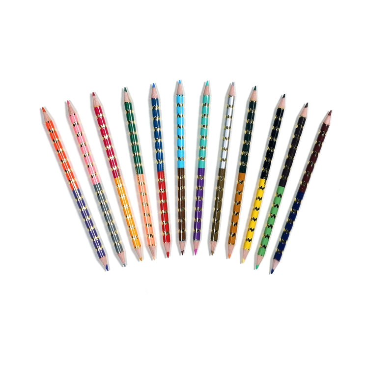 Set of colored pencils with unique designs on a white background
