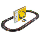 Toy race track set with yellow box and cars on a white background
